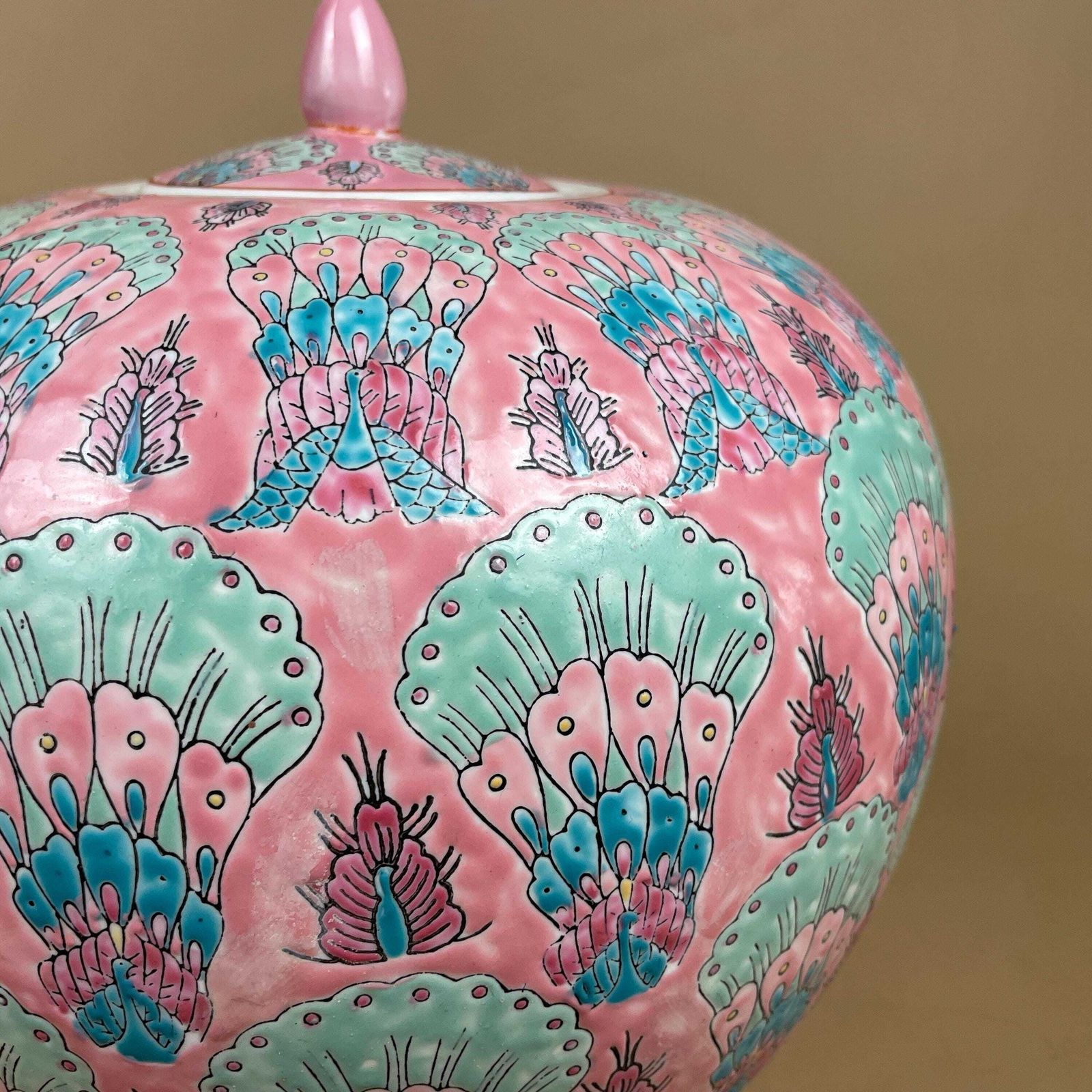 Oriental Decorative Vase Ceramic Pink Peacock Design Pot Chinese Vintage Display Lidded Ginger Jar Lid Pattern Ornament Wooden Ornate Base photo 99.0