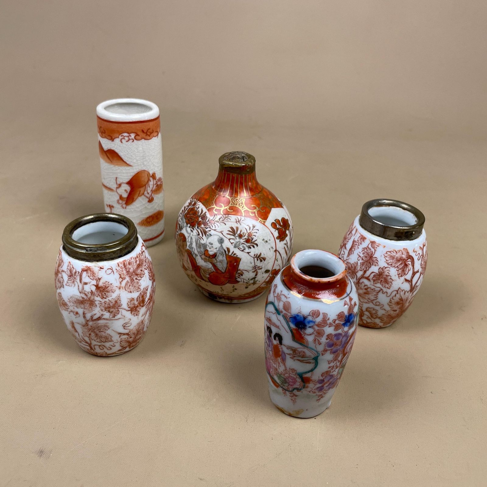 Set Of 5 Miniature Oriental Chinese Ceramic Porcelain Handmade Vase Small Floral Decorative Pot Antique Asian Painted Flower Orange White photo furniture