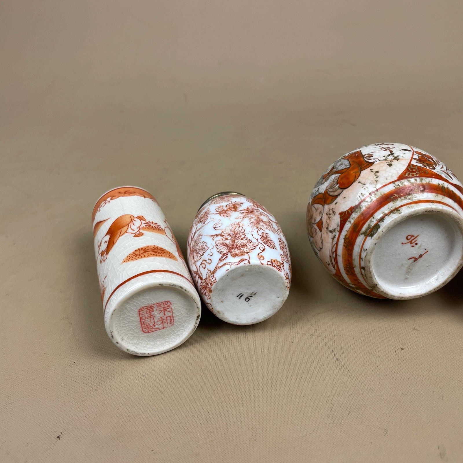photo for sale Set Of 5 Miniature Oriental Chinese Ceramic Porcelain Handmade Vase Small Floral Decorative Pot Antique Asian Painted Flower Orange White