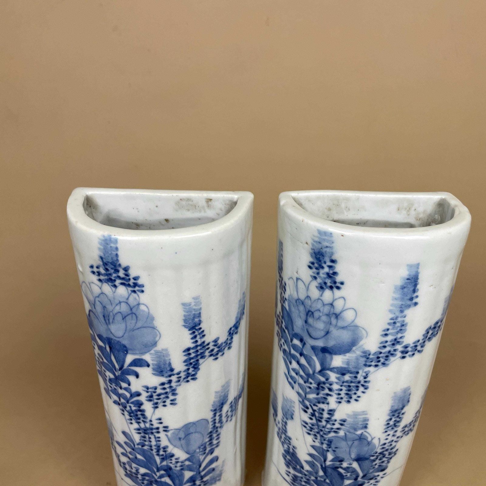 2 Vintage Ceramic Wall Mounted Planter Pocket Vase Floral Oriental Hanging Antique Pot Hanger Indoor Decorative Hand Painted Blue White photo furniture