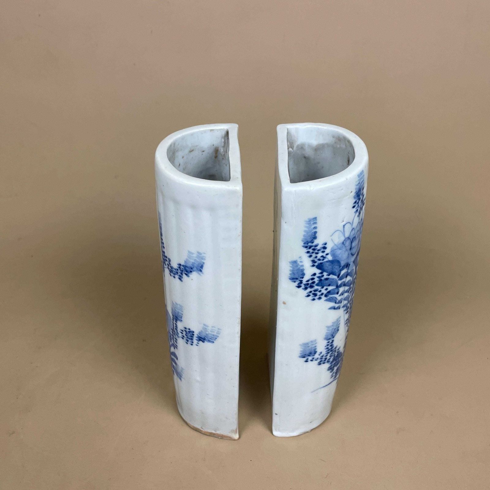 2 Vintage Ceramic Wall Mounted Planter Pocket Vase Floral Oriental Hanging Antique Pot Hanger Indoor Decorative Hand Painted Blue White photo for sale