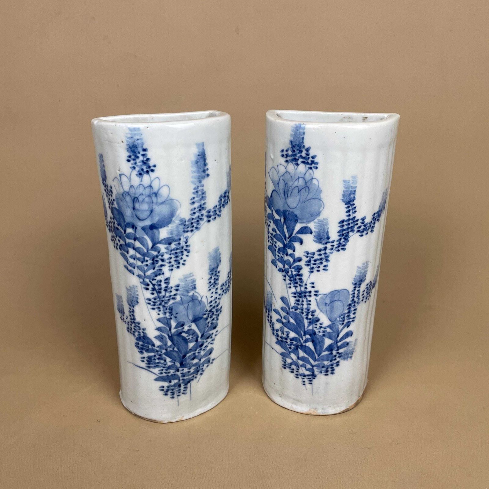 2 Vintage Ceramic Wall Mounted Planter Pocket Vase Floral Oriental Hanging Antique Pot Hanger Indoor Decorative Hand Painted Blue White photo 115.0