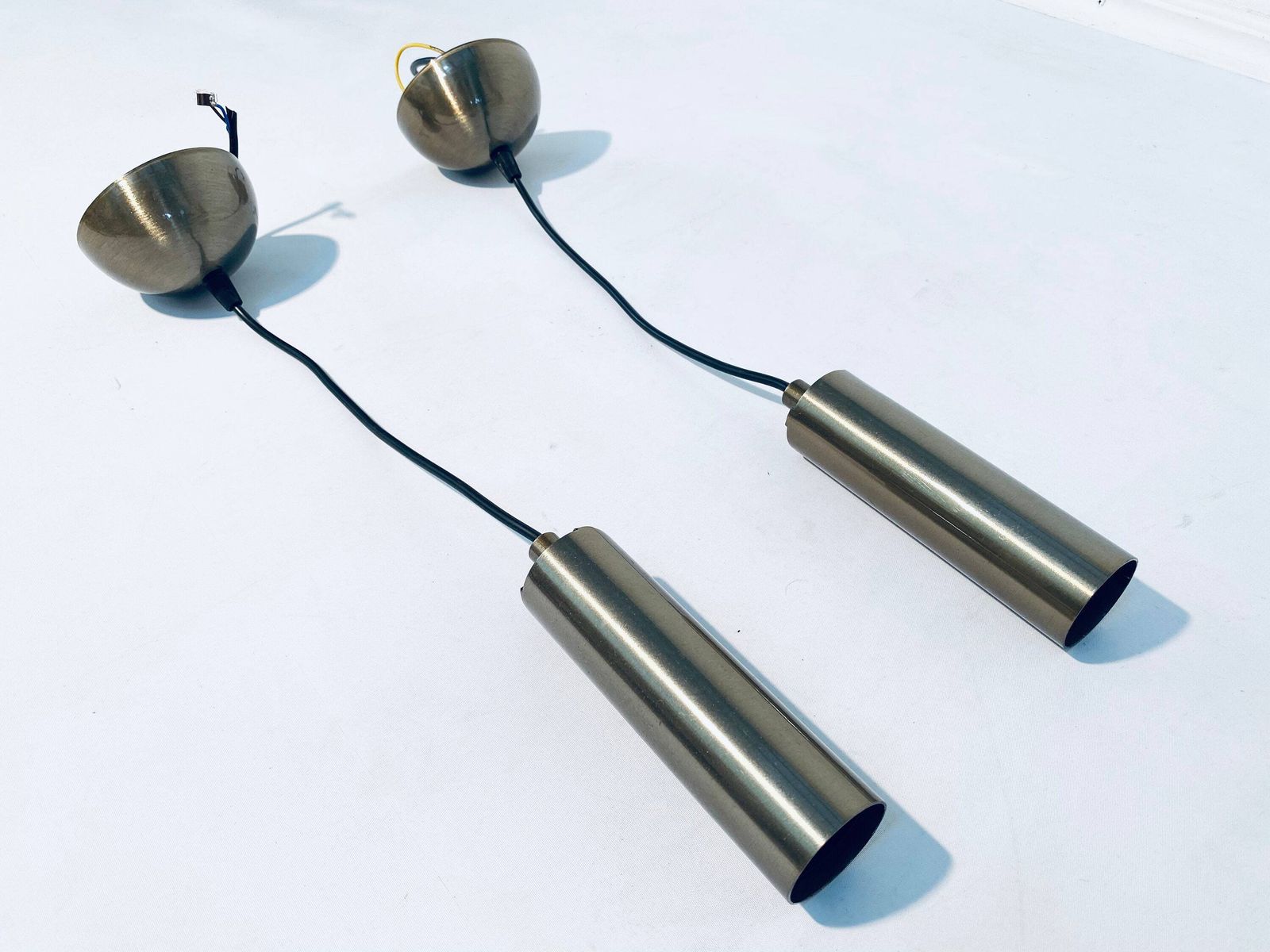 Two Sleek Gold Metal Hanging Lamps / 1960s Mid Century Vintage Decor