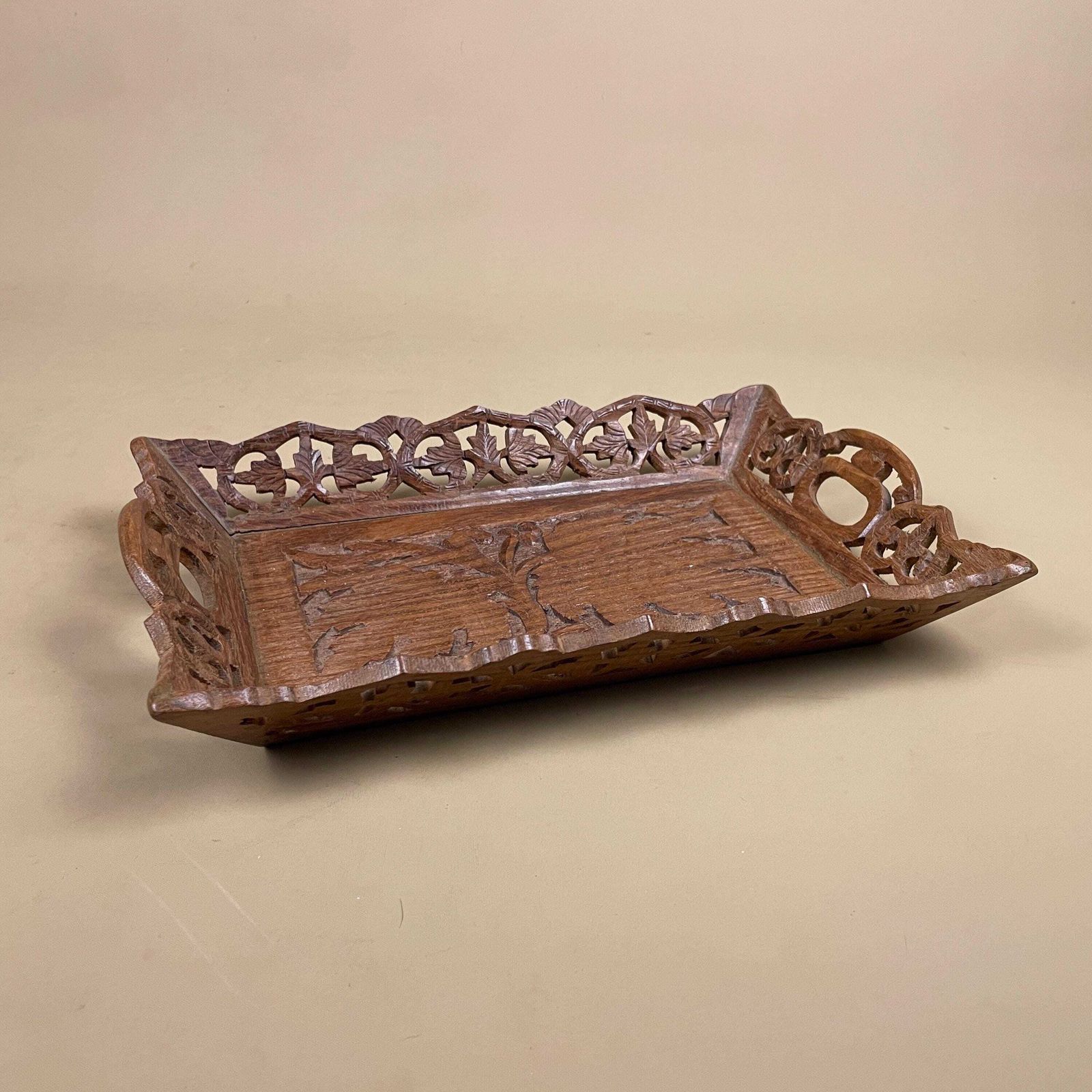 Carved Wood Serving Tray Small Rectangle Decorative Handcrafted Leaf Detail Pattern Traditional Display photo for sale
