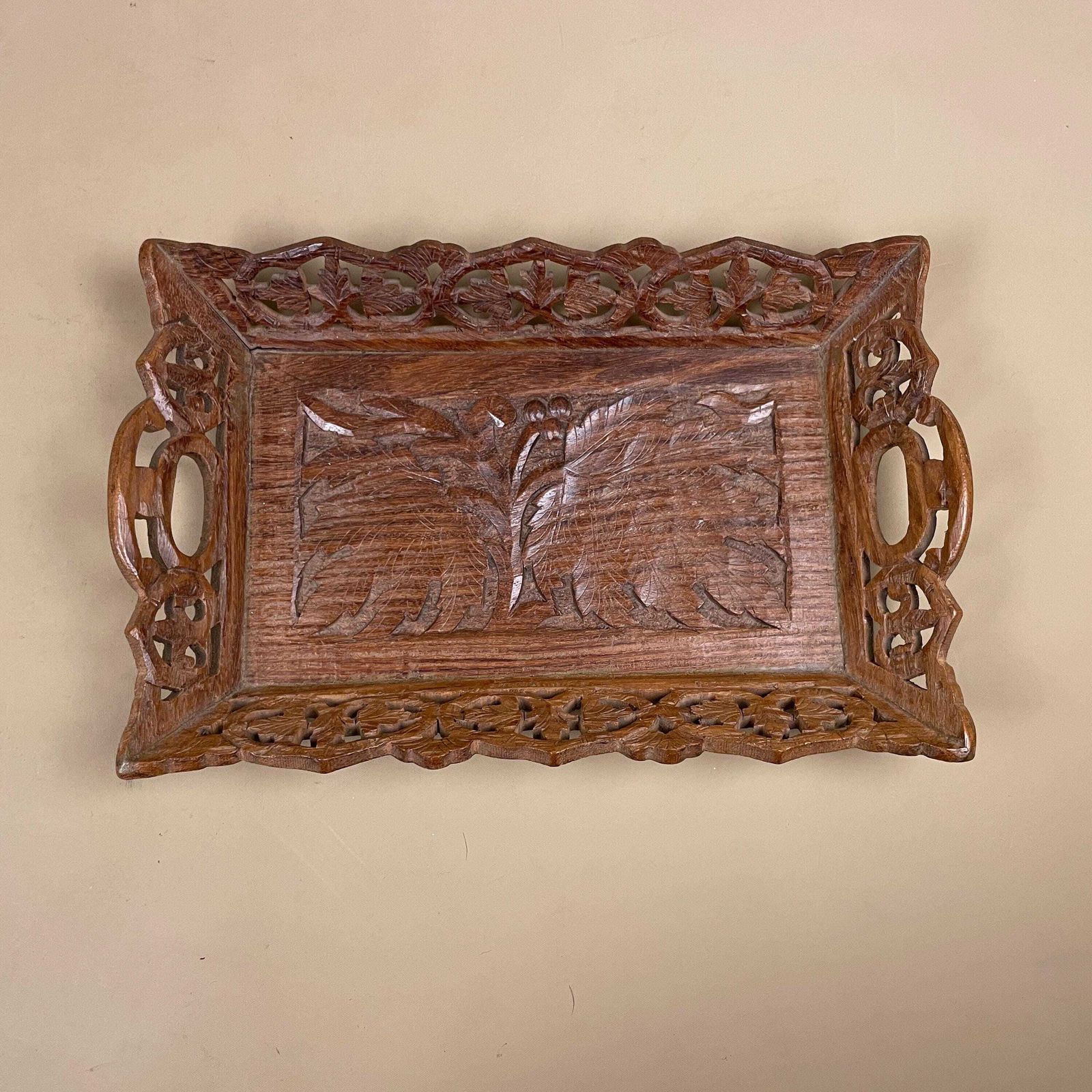 Carved Wood Serving Tray Small Rectangle Decorative Handcrafted Leaf Detail Pattern Traditional Display photo Home Decor