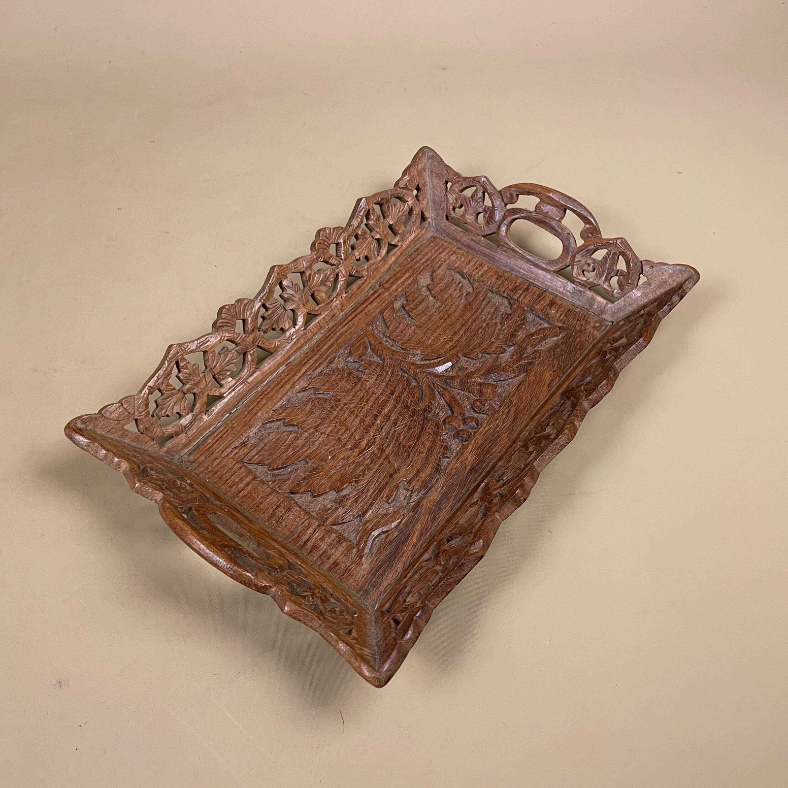 Carved Wood Serving Tray Small Rectangle Decorative Handcrafted Leaf Detail Pattern Traditional Display photo 55.0