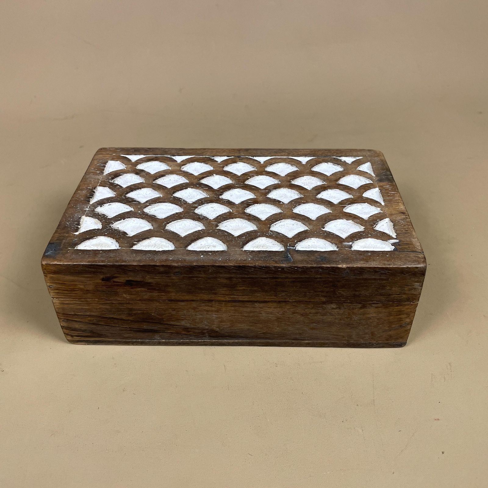 Wooden Carved Box White Scallop Pattern Painted Trinket Jewellery Chest Keepsake Handmade Wood Intricate Hand Carved Pattern Small Lid photo furniture