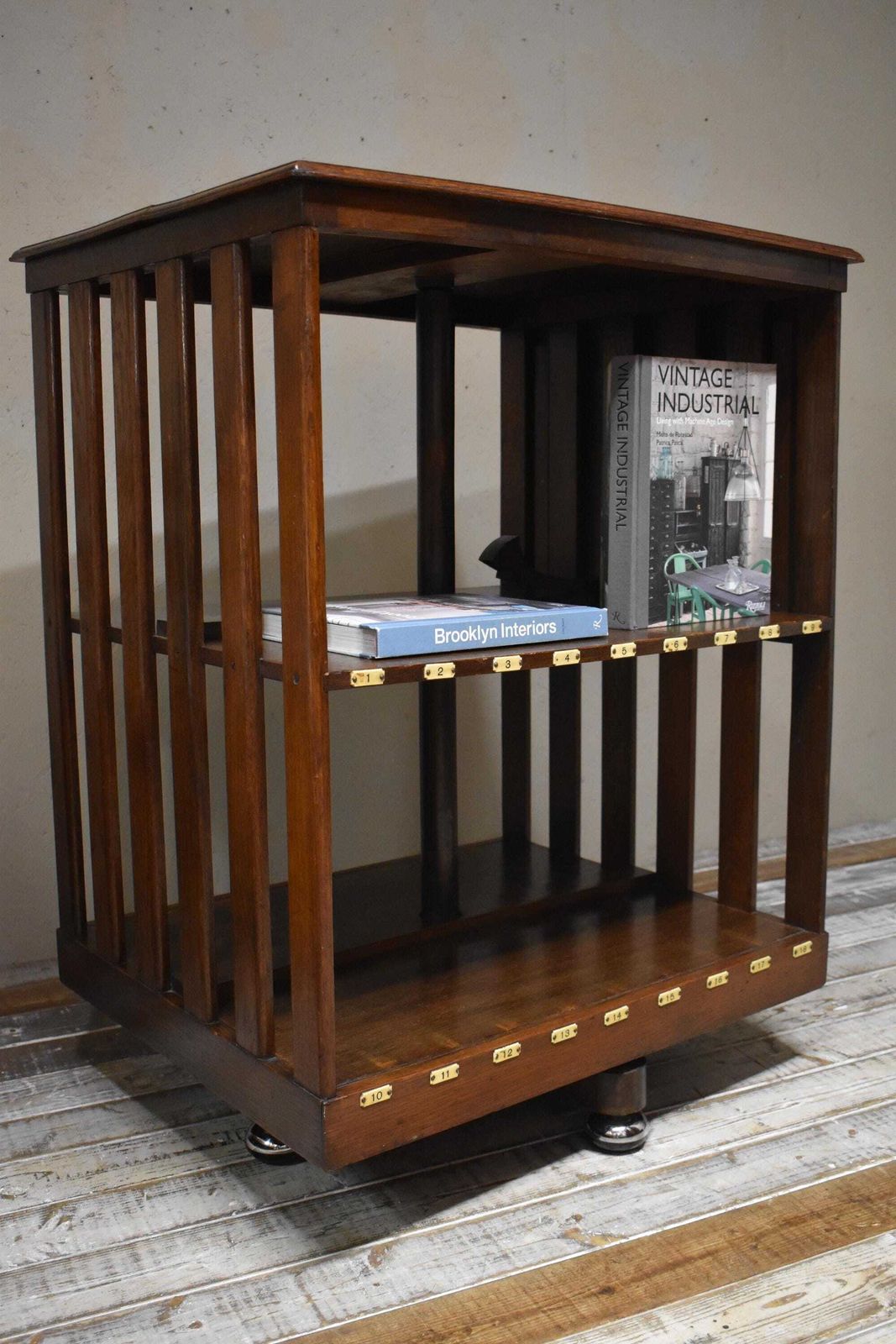 Antique Art Deco Revolving Oak Library Bookcase With Bakelite Index Numbers