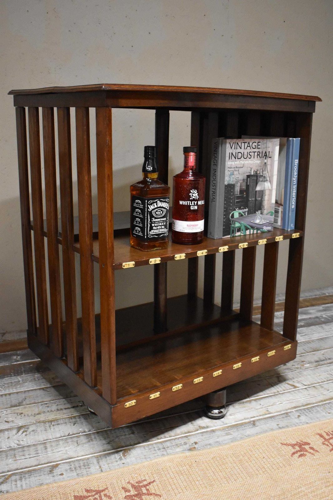 photo vintage Antique Art Deco Revolving Oak Library Bookcase With Bakelite Index Numbers