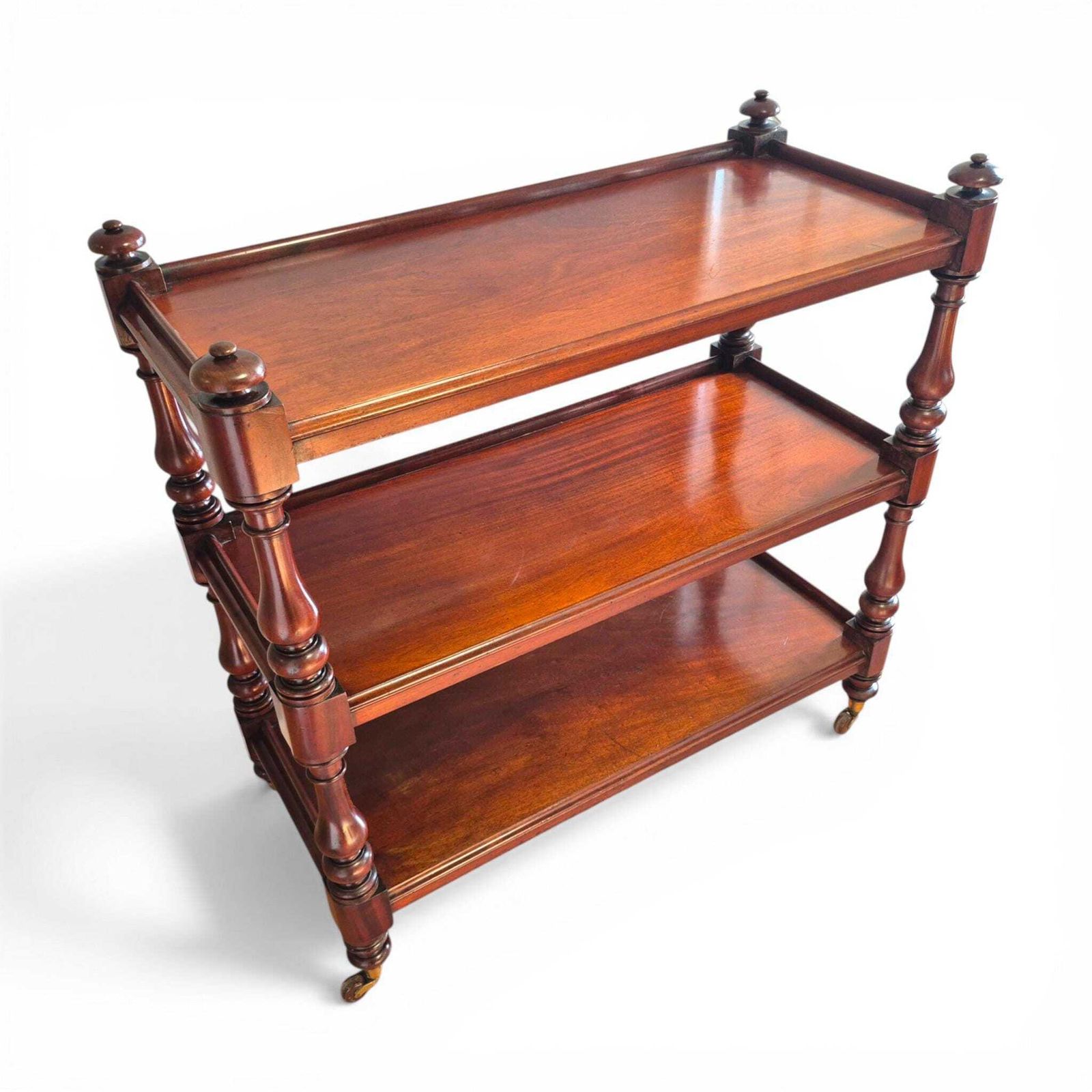 830.0 Antique Victorian Mahogany Dumb Waiter C1860 3 Tier Server Trolley Buffet Brass Porcelain Castors photo