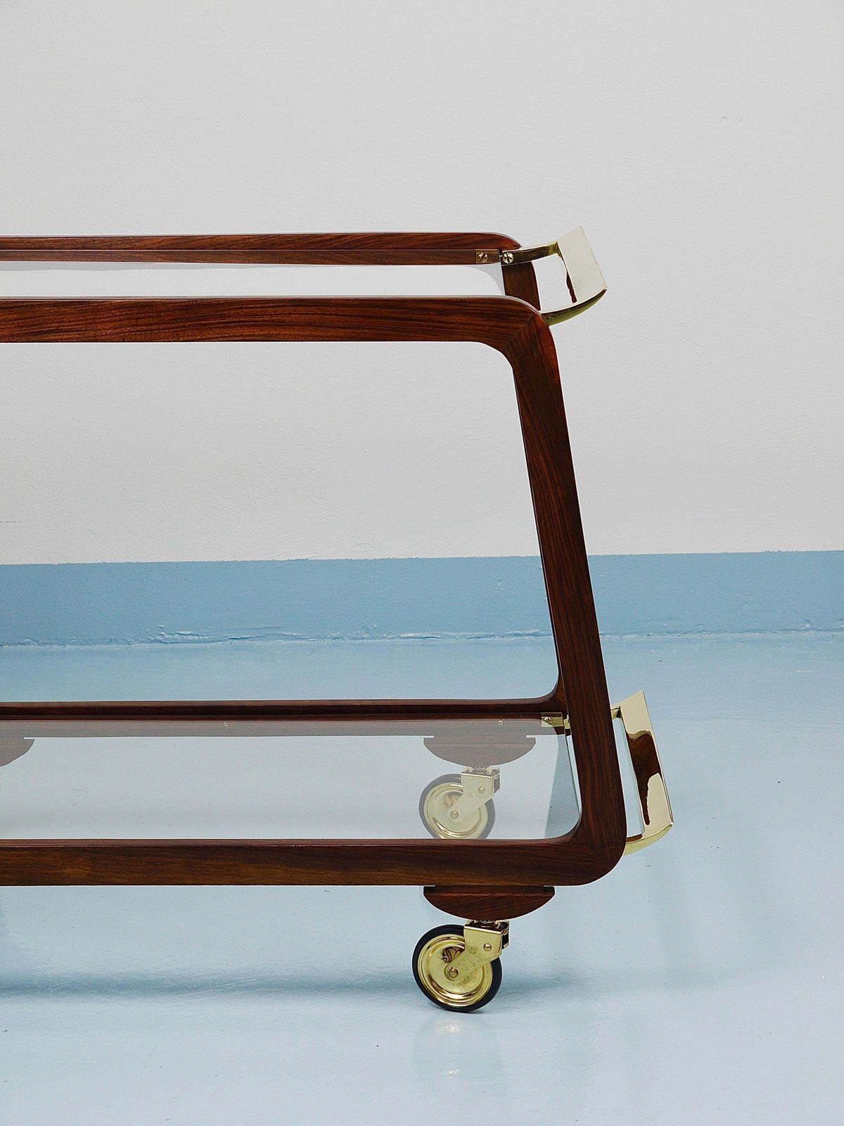 photo vinterior Mid Century Walnut Brass Bar Cart Serving Trolley, 1950s, Oswald Haerdtl Attr.