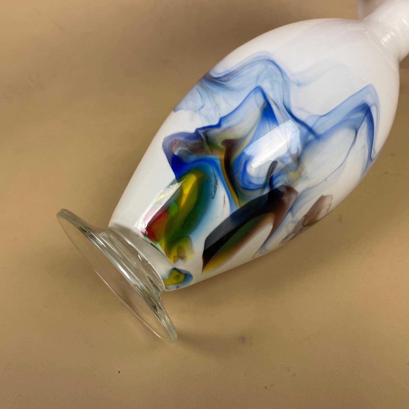 White Blue Swirl Vase Art Glass Decorative Shelf Display Centrepiece Handblown Style Hand Applied Colour photo vinterior