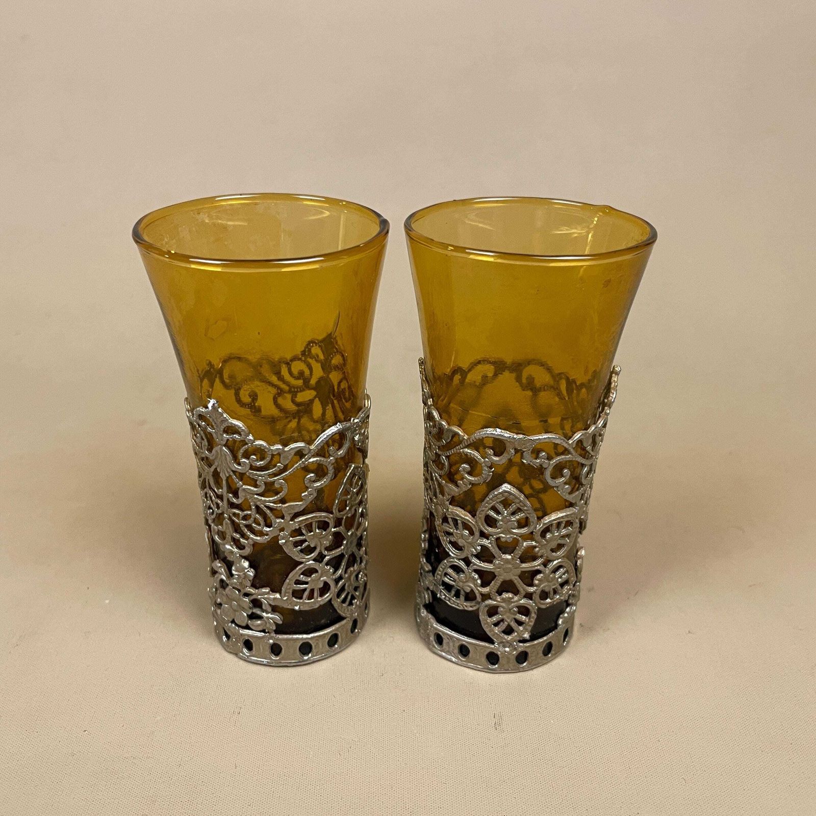 Amber Glass Decanter Metal Filigree Pattern Pair Ornate Votive Holders Orange Shot Glass