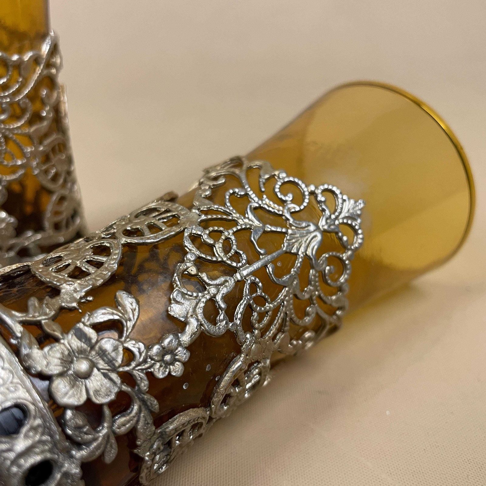Amber Glass Decanter Metal Filigree Pattern Pair Ornate Votive Holders Orange Shot Glass photo buy