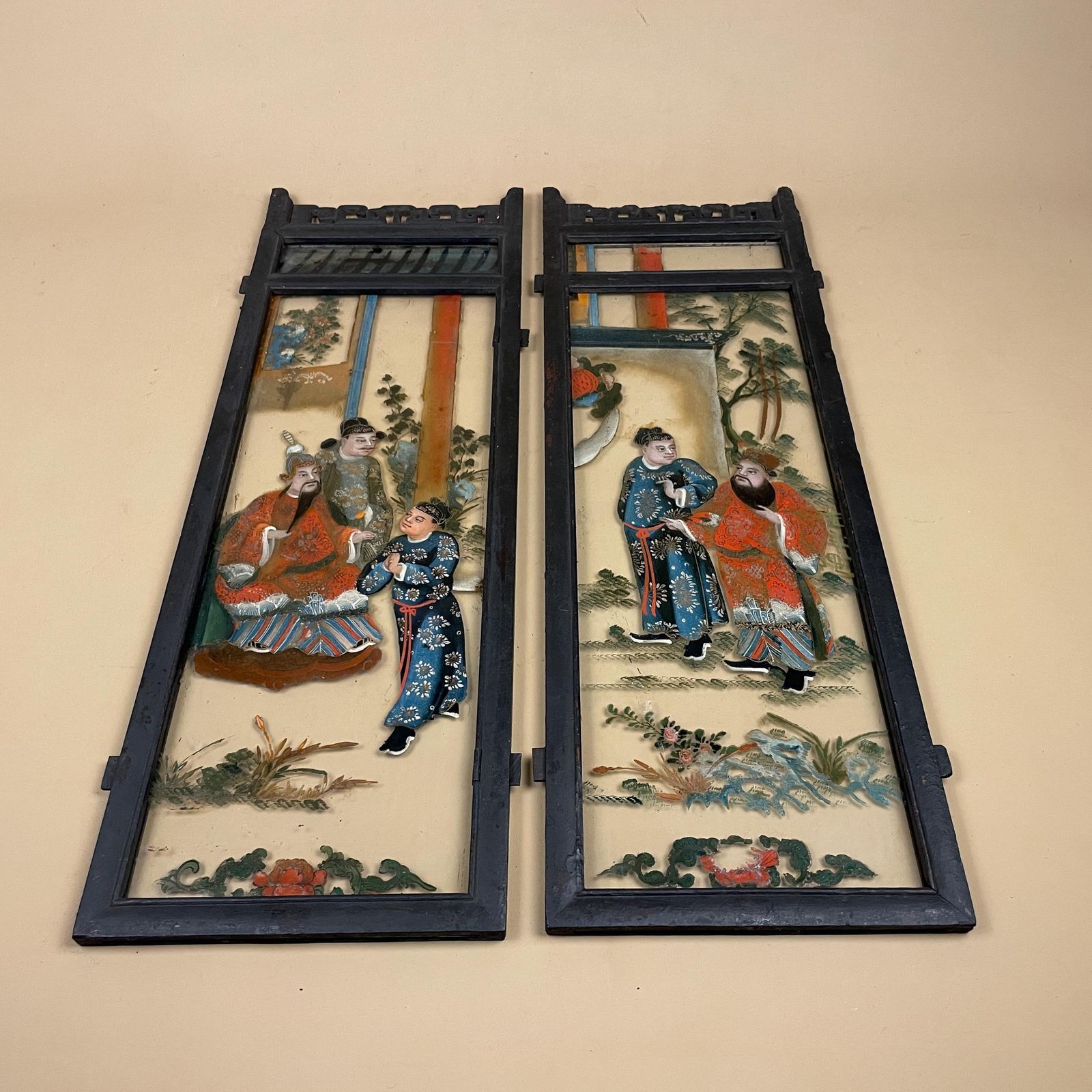 Oriental Reverse Glass Painting Panels Black Wood Frame Chinese Hand Painted Figurative Asian Wall Art Chinoiserie Artwork Pictures Picture
