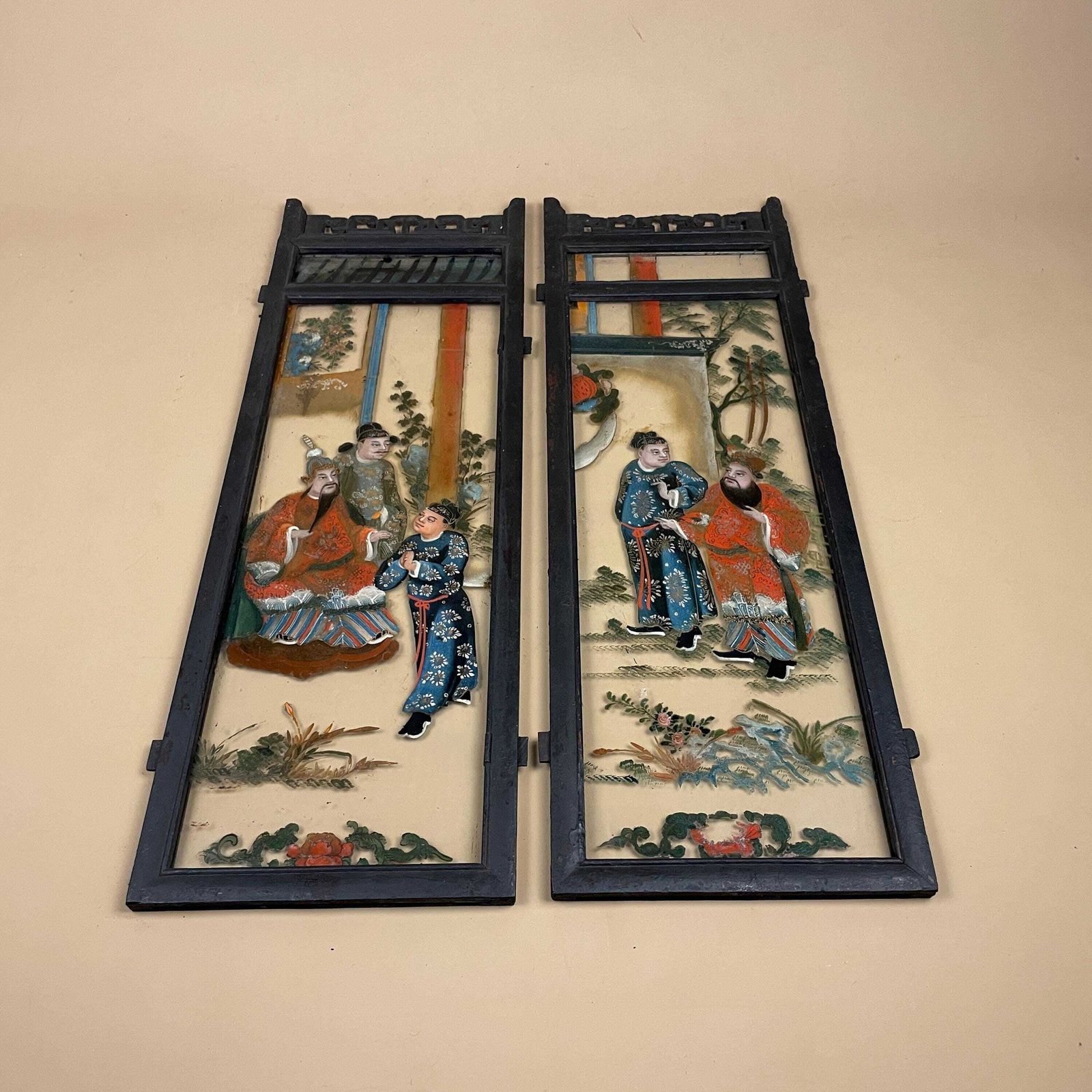 Oriental Reverse Glass Painting Panels Black Wood Frame Chinese Hand Painted Figurative Asian Wall Art Chinoiserie Artwork Pictures Picture photo furniture