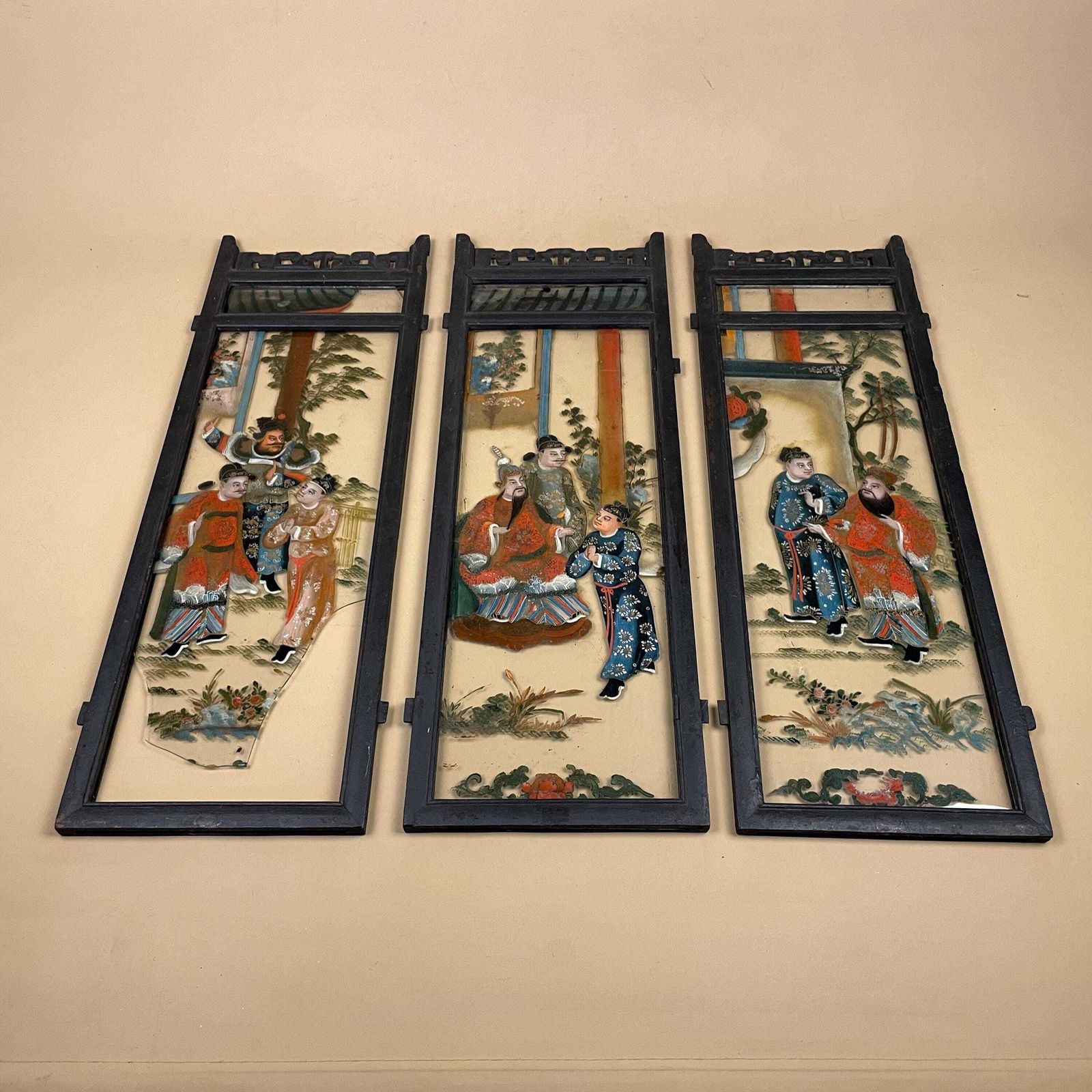 photo for sale Oriental Reverse Glass Painting Panels Black Wood Frame Chinese Hand Painted Figurative Asian Wall Art Chinoiserie Artwork Pictures Picture