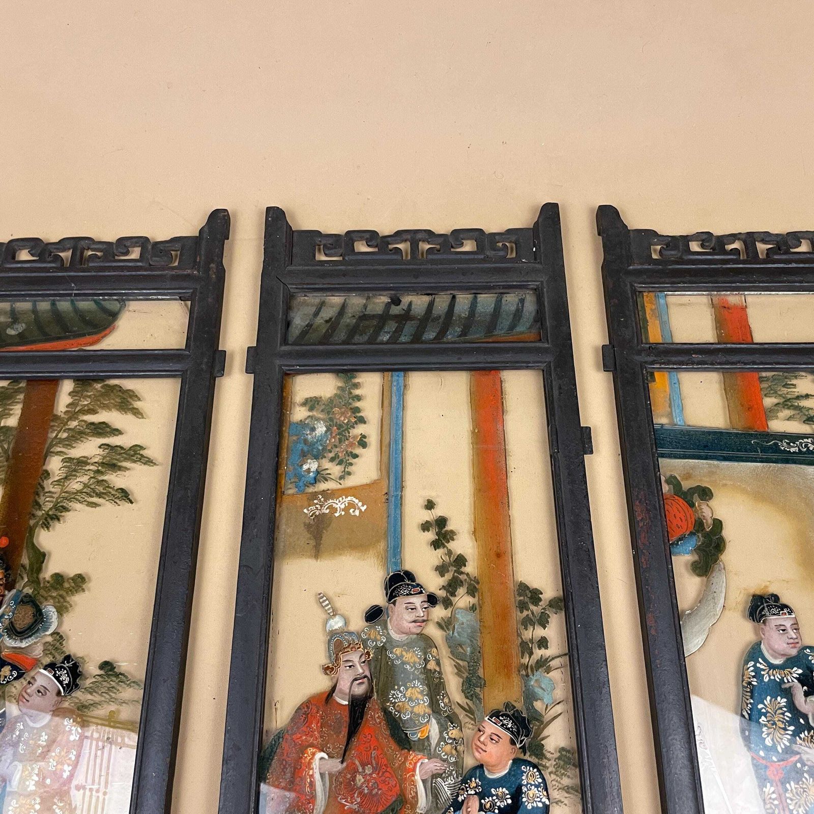 photo vinterior Oriental Reverse Glass Painting Panels Black Wood Frame Chinese Hand Painted Figurative Asian Wall Art Chinoiserie Artwork Pictures Picture