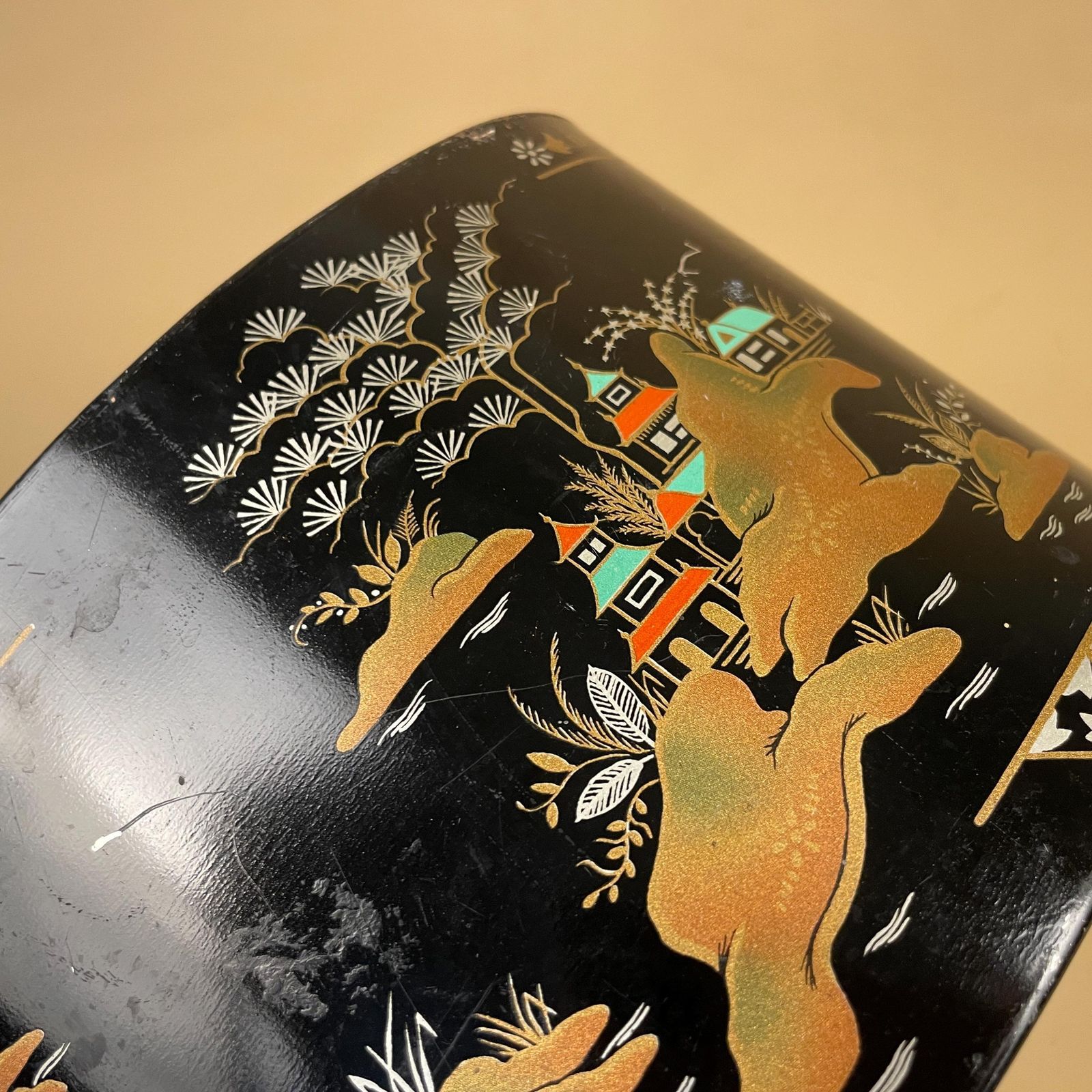 photo for sale Oriental Style Black Tin Planter Oval Footed Chinoiserie Landscape Scene Decorative Container Made In Britain