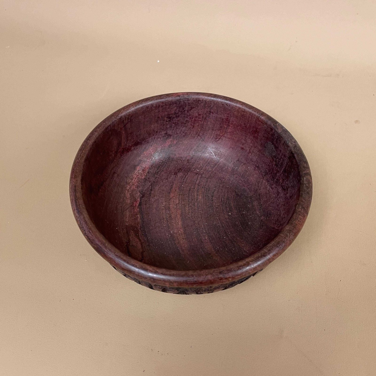 Vintage Hand Carved Wooden Bowl Decorative Elephant Motif African Round Rustic Farmhouse Cottage Wood Tableware Low Profile Rim photo for sale