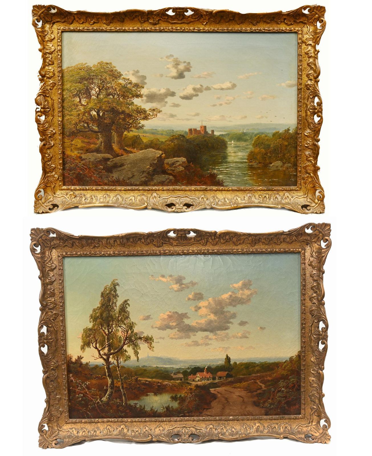 Pair Victorian Oil Paintings English Landscape Pastoral Idyll 1880 photo furniture