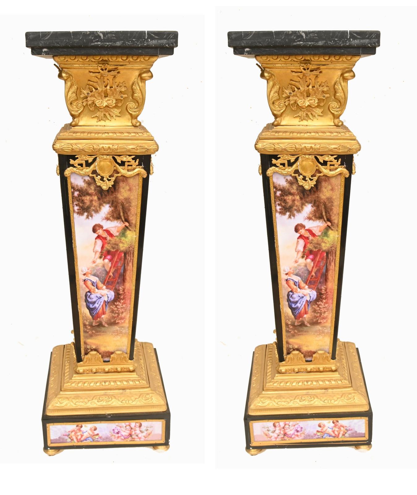 Pair French Pedestals Stands Gilt Bronze Porcelain Louis XVI