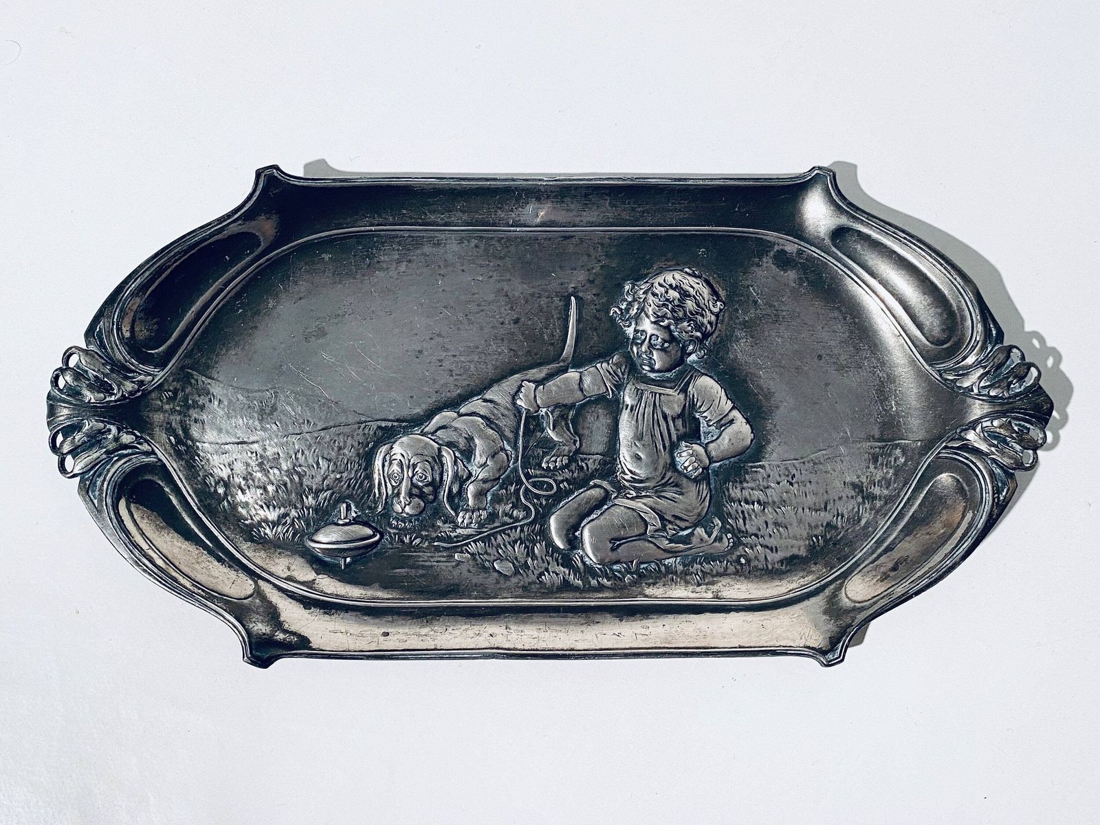 Wmf Art Nouveau Pewter Plate Tray With Child Playing With Dog Motif / 1910s