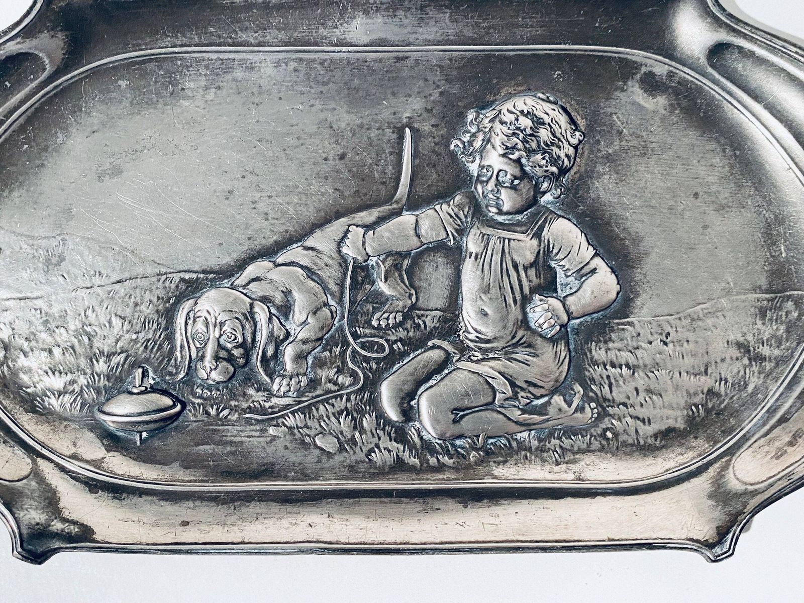 Wmf Art Nouveau Pewter Plate Tray With Child Playing With Dog Motif / 1910s photo furniture
