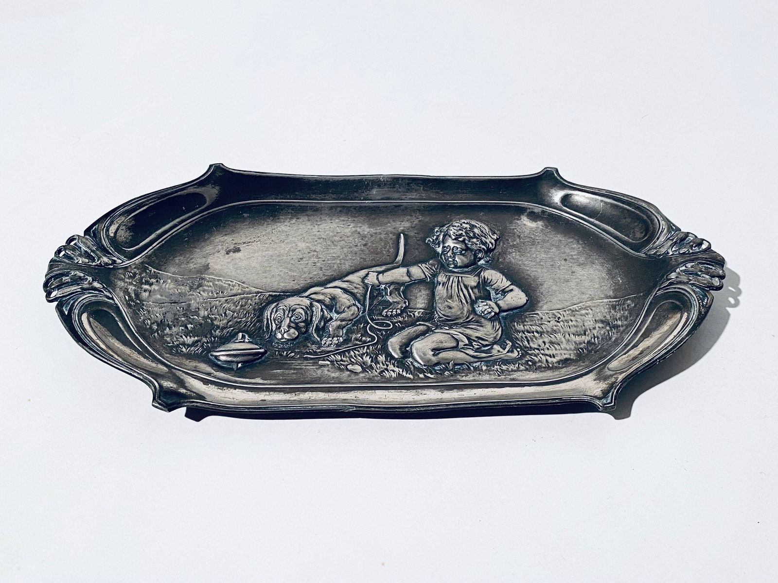 Wmf Art Nouveau Pewter Plate Tray With Child Playing With Dog Motif / 1910s photo 237.0