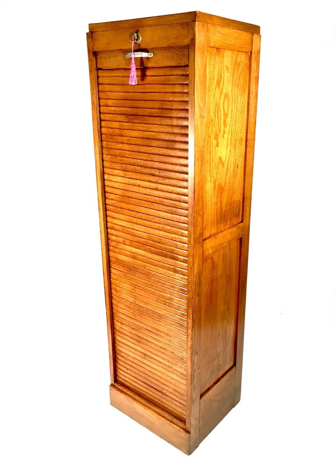 Antique 1950s Wooden Oak Tambour Fronted Office Paper Filing Cabinet With Key