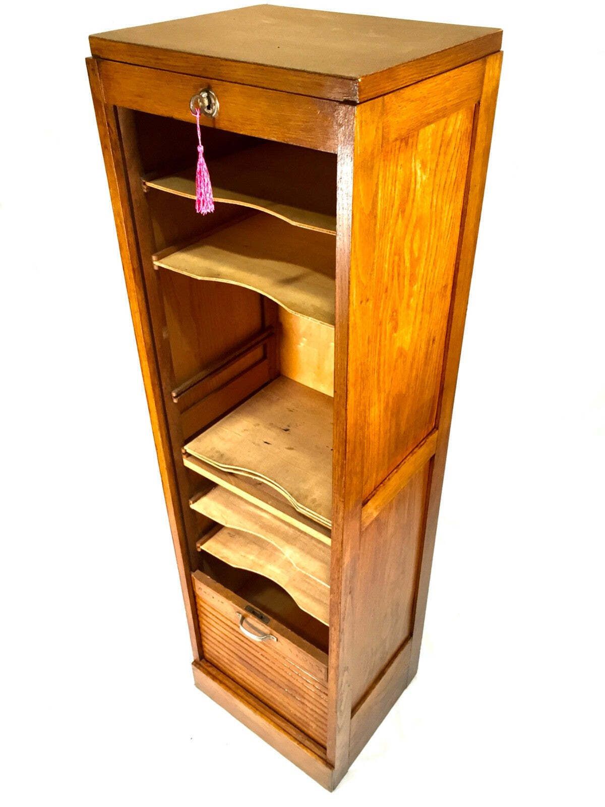 Antique 1950s Wooden Oak Tambour Fronted Office Paper Filing Cabinet With Key photo vinterior