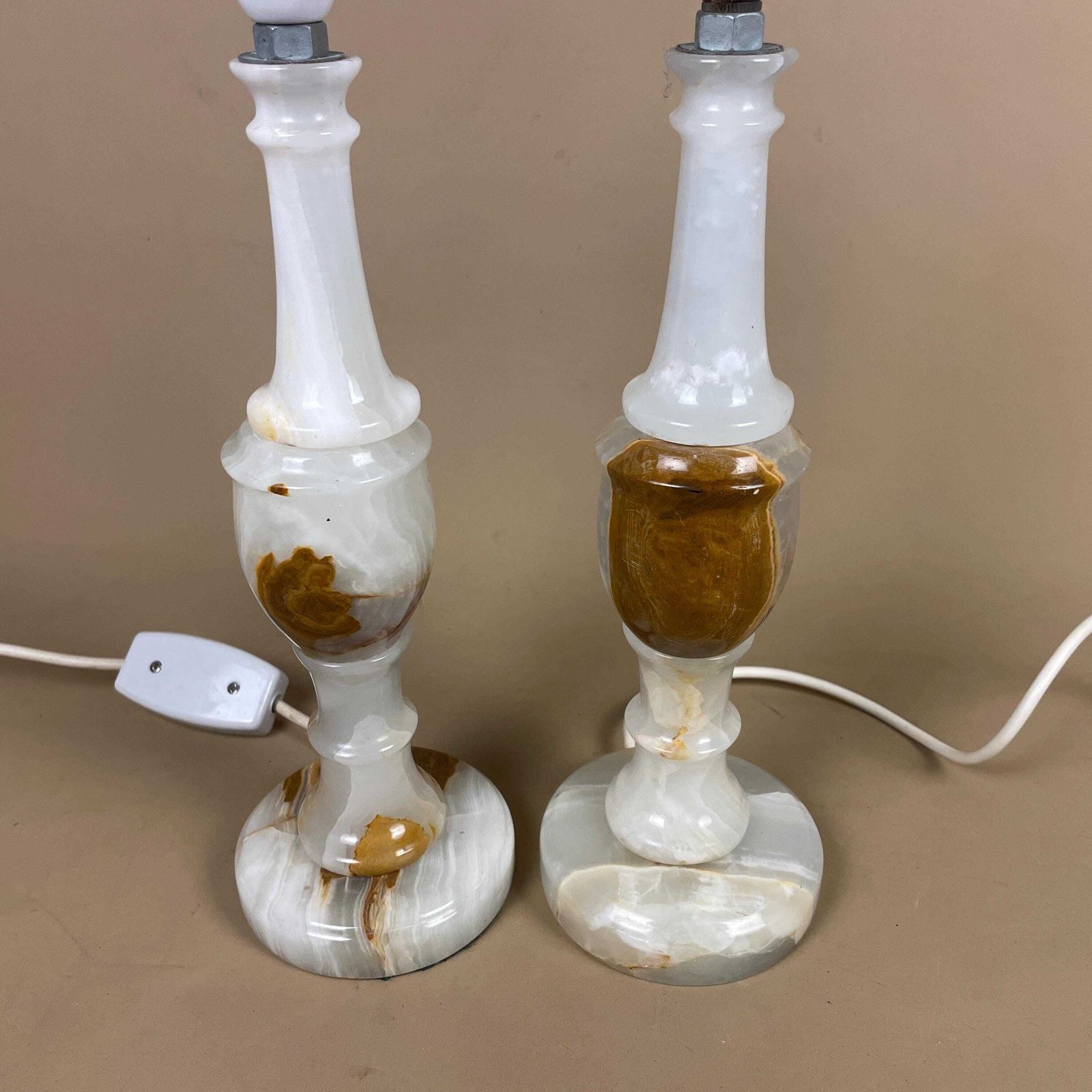 Pair Of 2 Antique Alabaster Marble Lamp Light Bedside Side Table Marbled Patterned Vintage Stone Brown Bedside Lamps Set Cream Round Base photo for sale