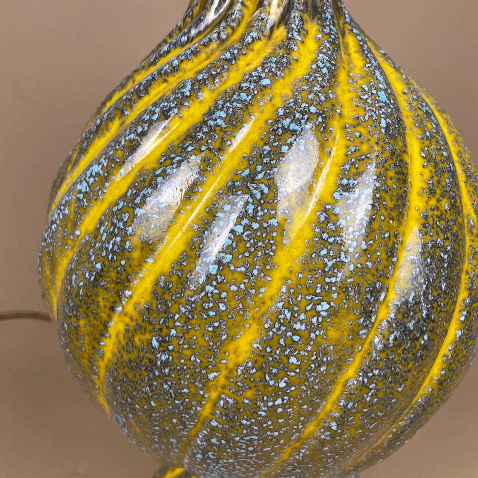 Large Vintage Ceramic Lamp Light Bedside Table Hand Painted Glaze Design Pattern Vase Yellow Blue Twisted Twist Pottery Handmade Studio Clay photo vinterior