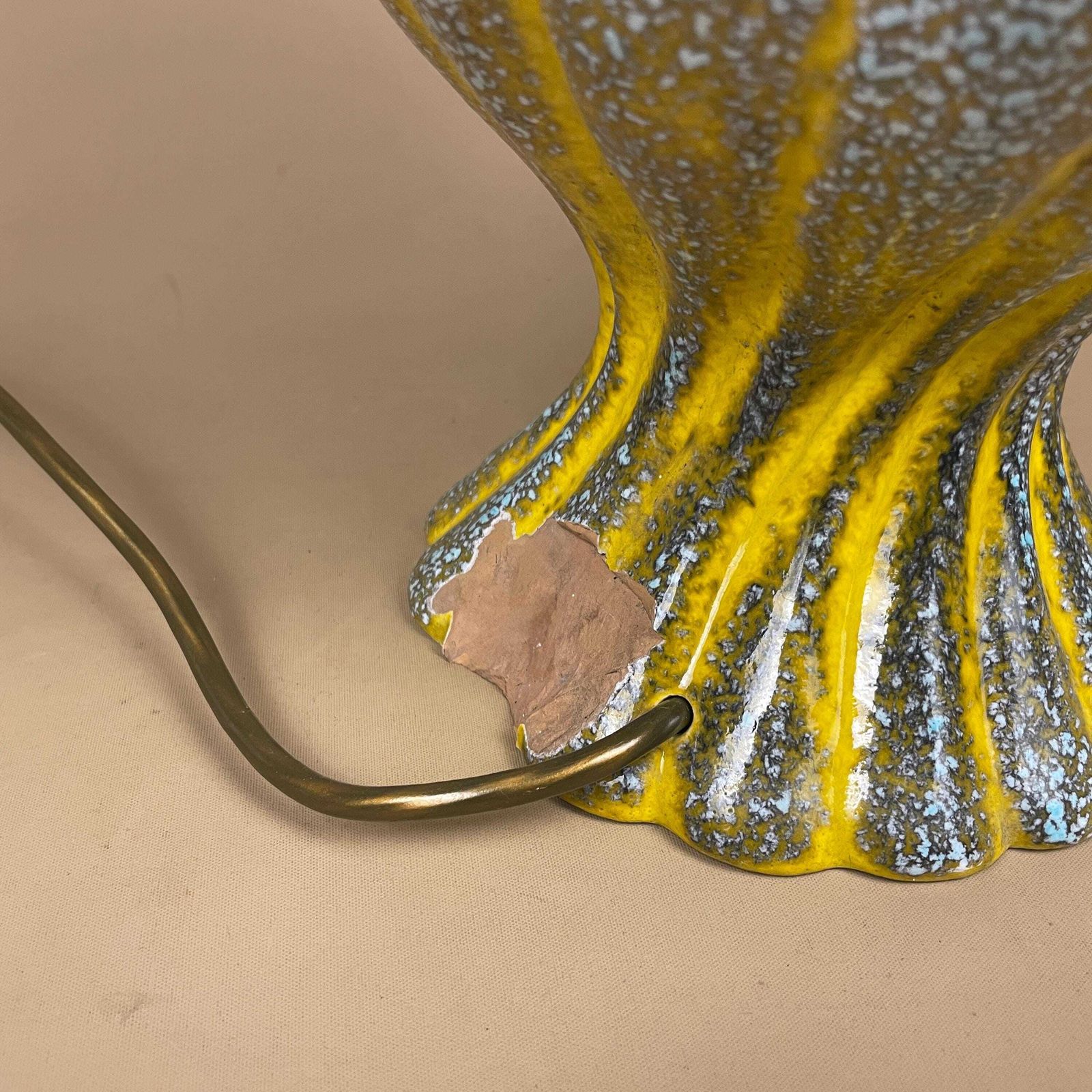 photo for sale Large Vintage Ceramic Lamp Light Bedside Table Hand Painted Glaze Design Pattern Vase Yellow Blue Twisted Twist Pottery Handmade Studio Clay