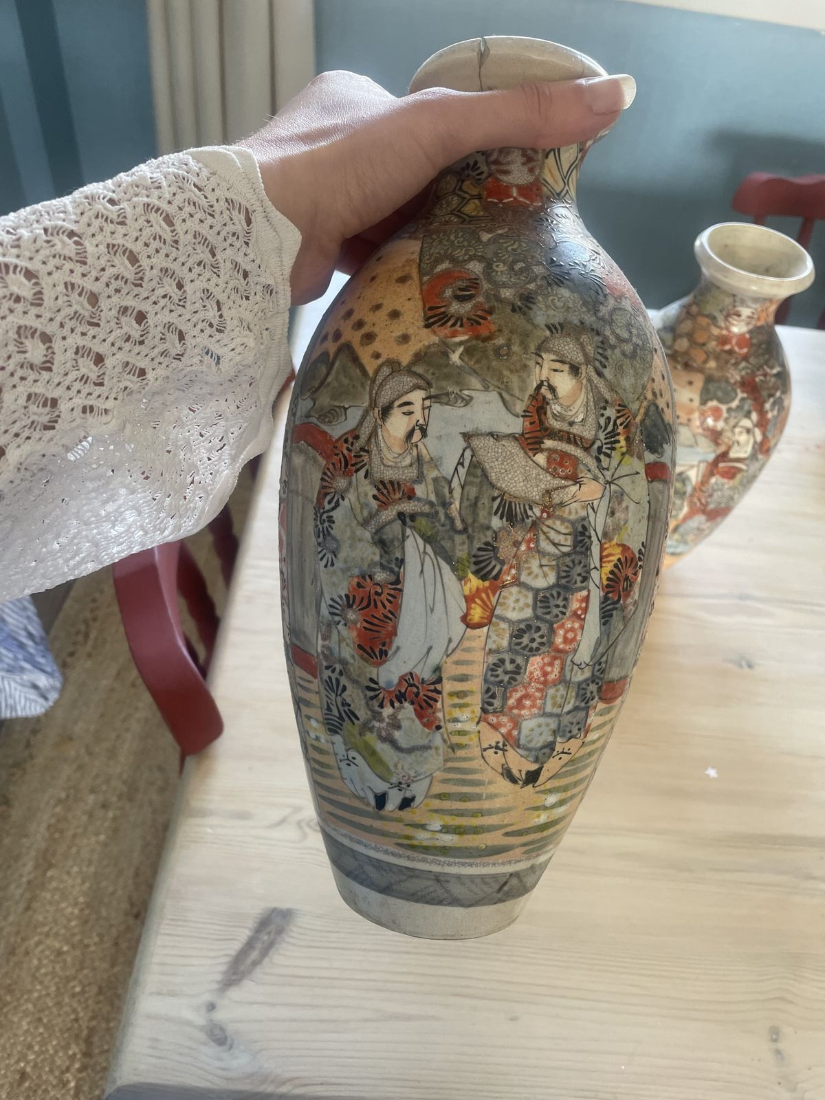Pair Of Japanese Satsuma Hand Painted Vases – Decorative Oriental Figures photo furniture