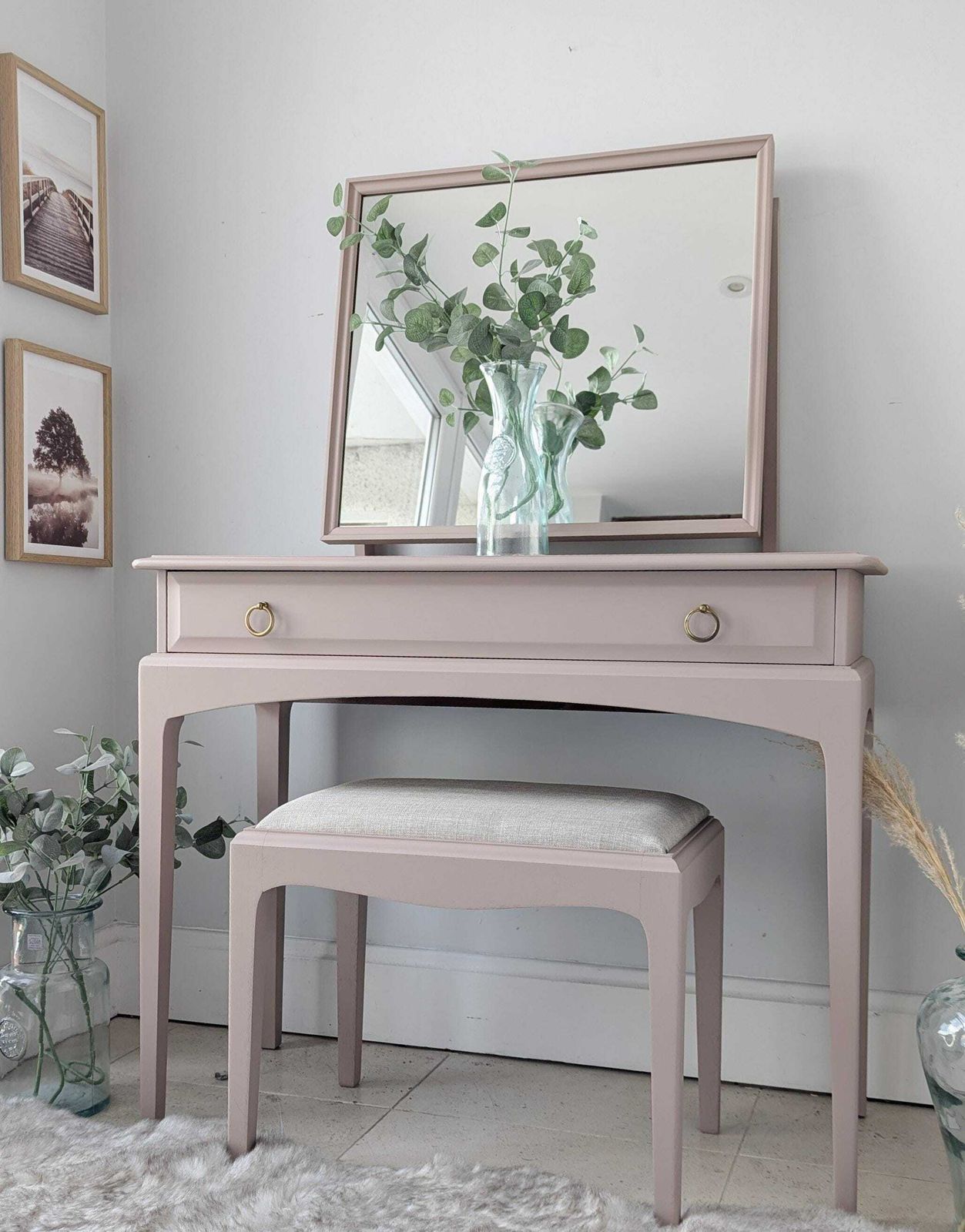 Spray Painted Pink Stag Small, Compact Dressing/Console Table With Mirror And Stool photo furniture