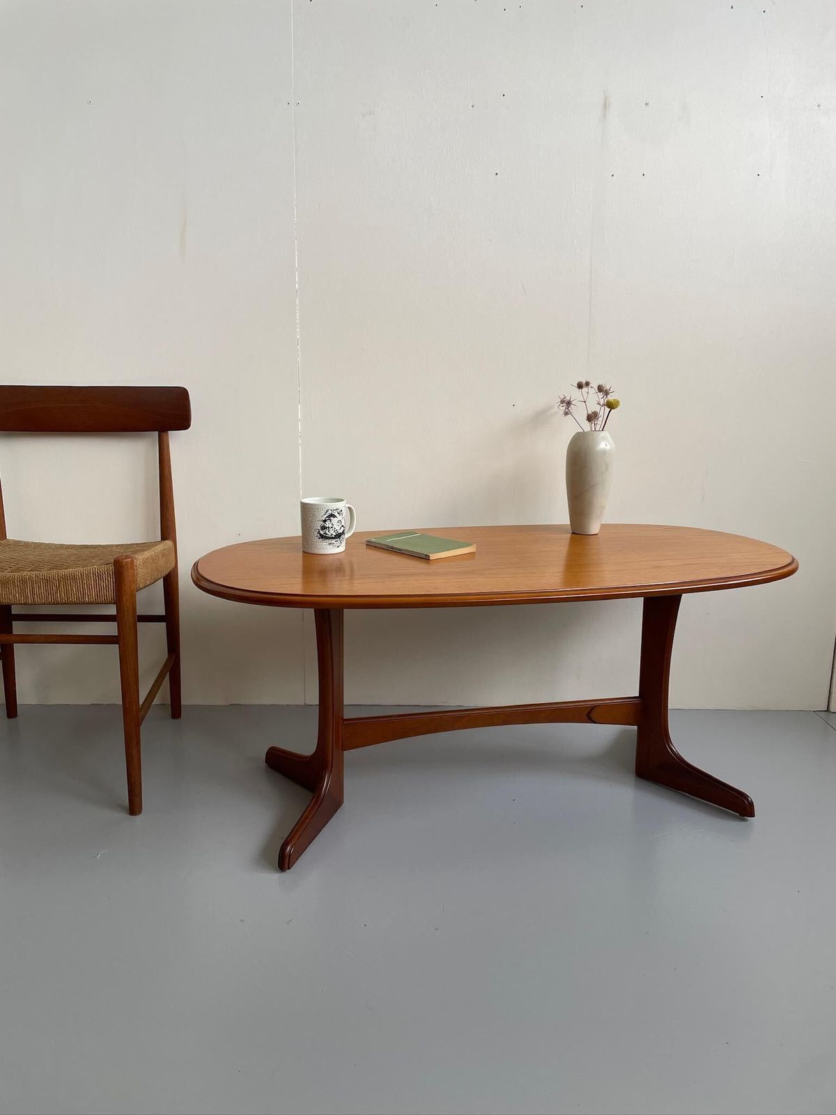 Vintage Oval Wooden Coffee Table With Curved Legs Mid Century Scandi Style