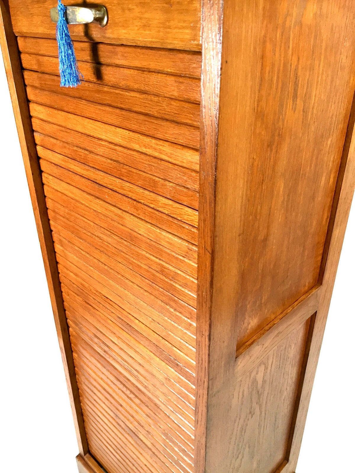 Antique 1950s Wooden Oak Tambour Fronted Office Paper Filing Cabinet With Key photo vinterior