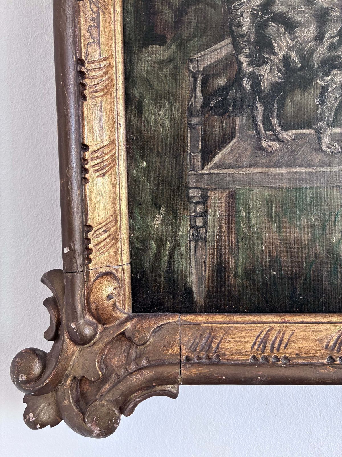 photo furniture Antiek Olieverfschilderij Van Een Vrouw Met Honden In Het Park, Ca. 1880