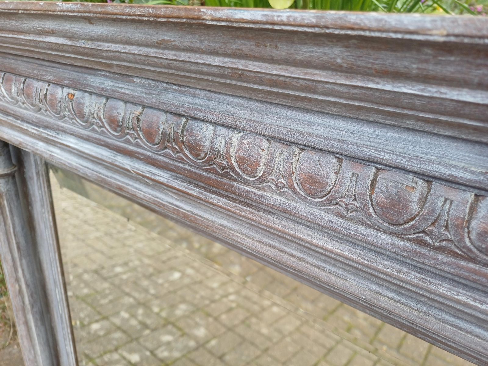 Antique French Fruitwood Mirror C1910 Ornate Carved Frame Bevelled Glass Rustic Wash Mantel Decorative Statement Piece photo vinterior