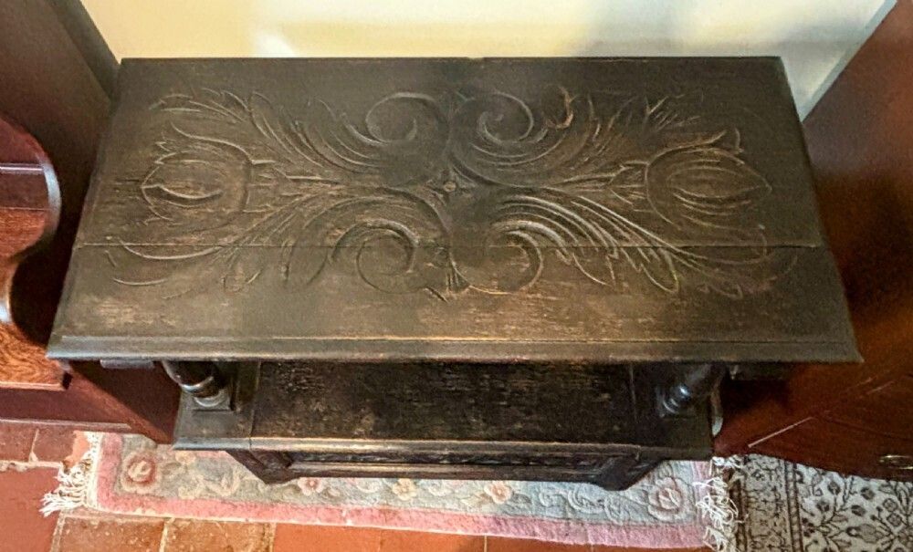 Small Carved Oak Monk’s Bench. photo Furniture
