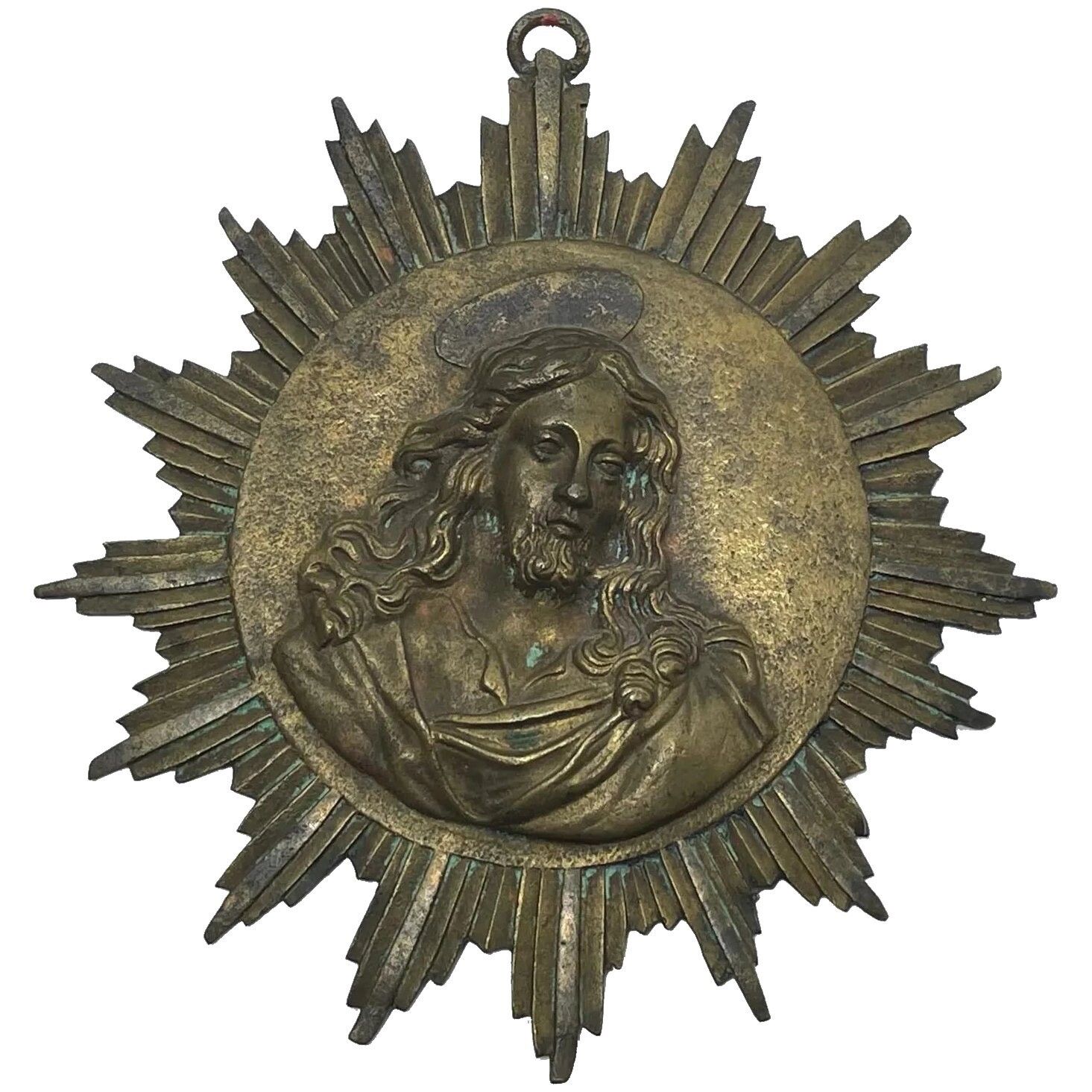 Small French 19th Century Brass Religious Jesus Sunburst Wall Hanging