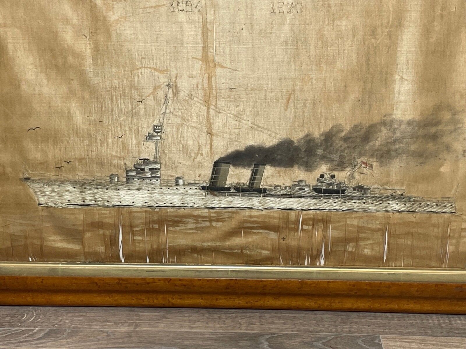 photo vinterior Antique Marine Silk Embroidery Ww1 Royal Navy Light Cruiser Ship Hms Concord