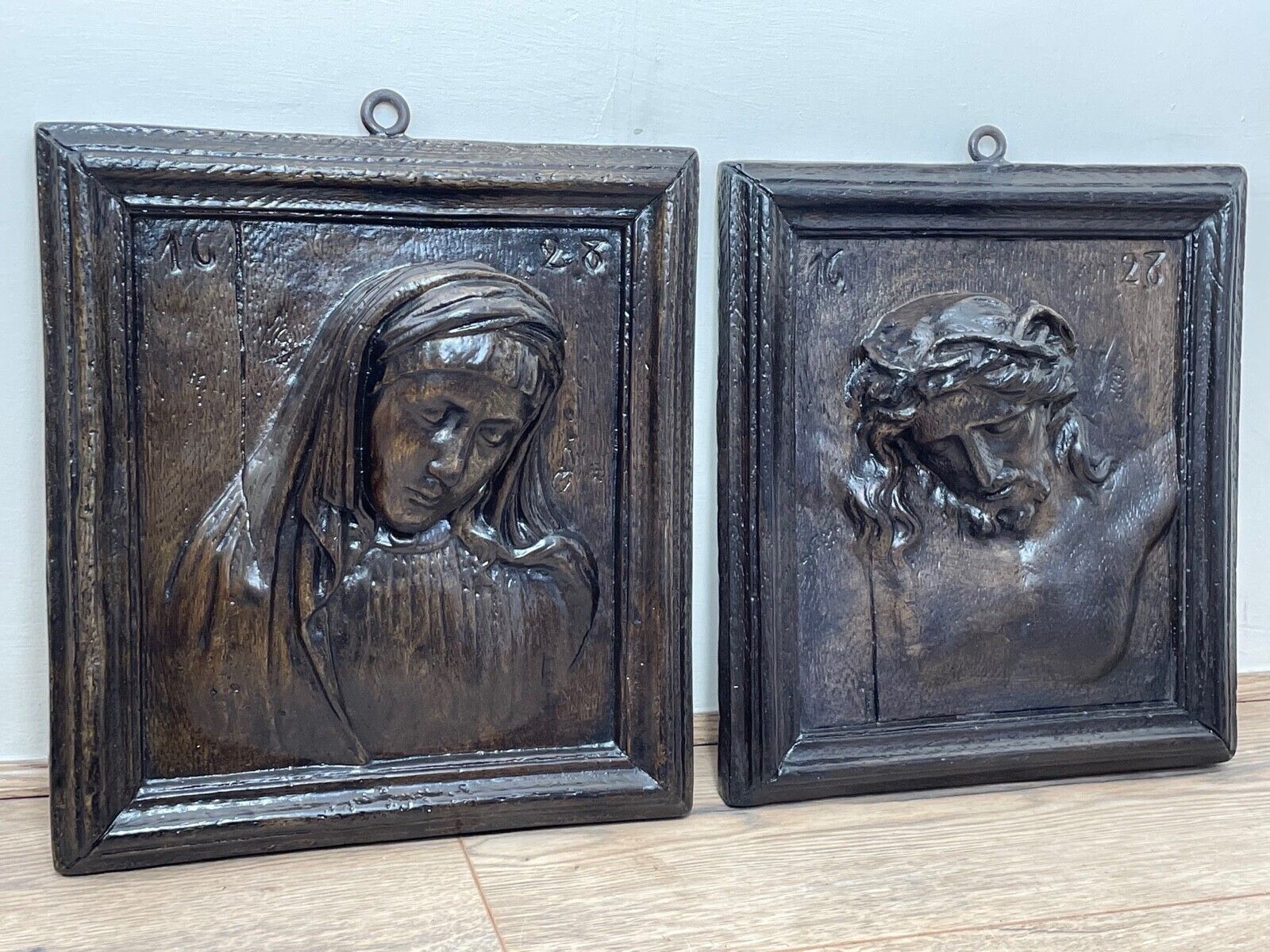 Pair Antique Belgium Ecclesiastical Mary & Jesus Wall Plaster Plaque Sculptures photo furniture