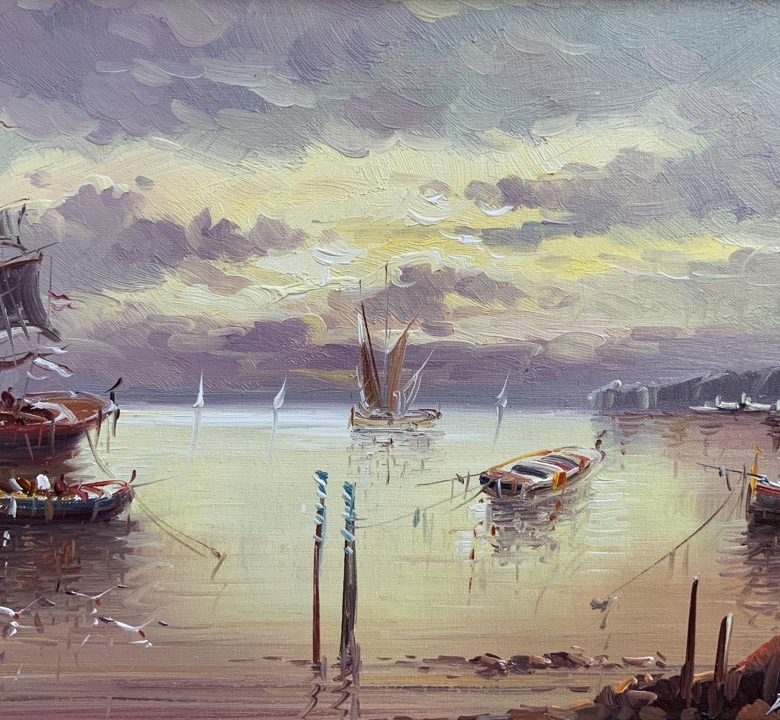 Stunning Moonlit Harbour Seascape Oil Painting Contemporary Post Impressionist photo buy