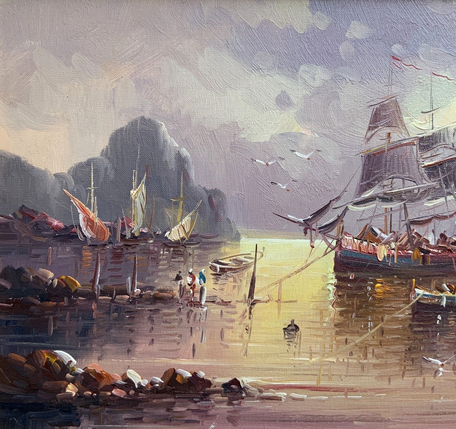 photo furniture Stunning Moonlit Harbour Seascape Oil Painting Contemporary Post Impressionist