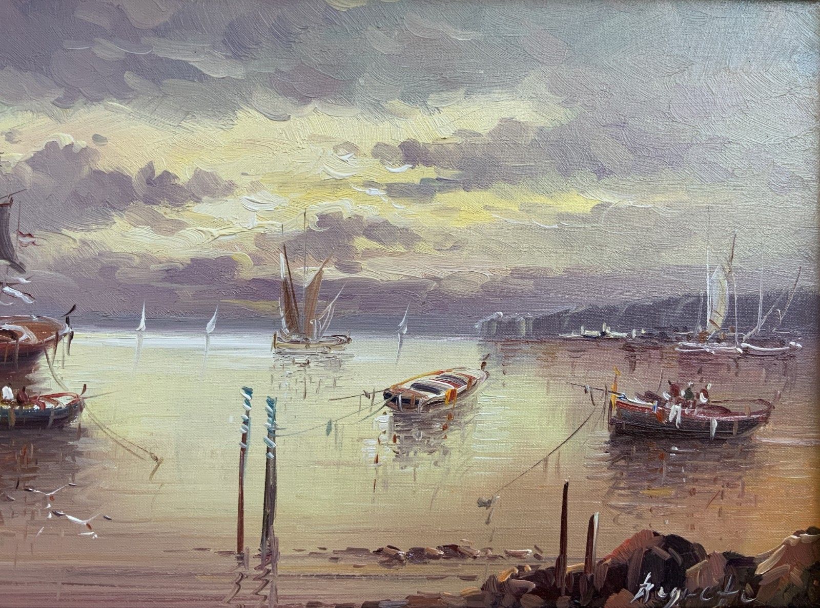 photo for sale Stunning Moonlit Harbour Seascape Oil Painting Contemporary Post Impressionist