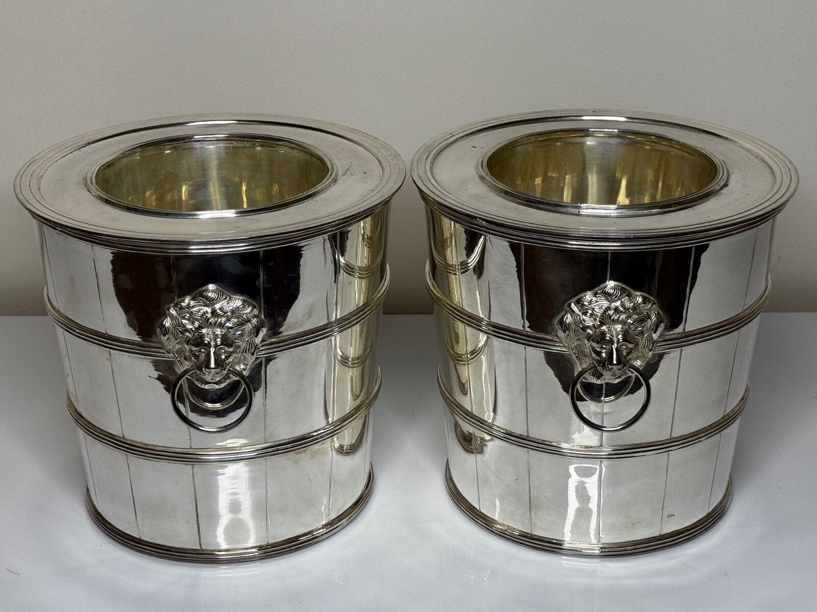 Set Regency Revival Style Lion Barrel Silver Plate Xmas Champagne Bucket Coolers photo for sale
