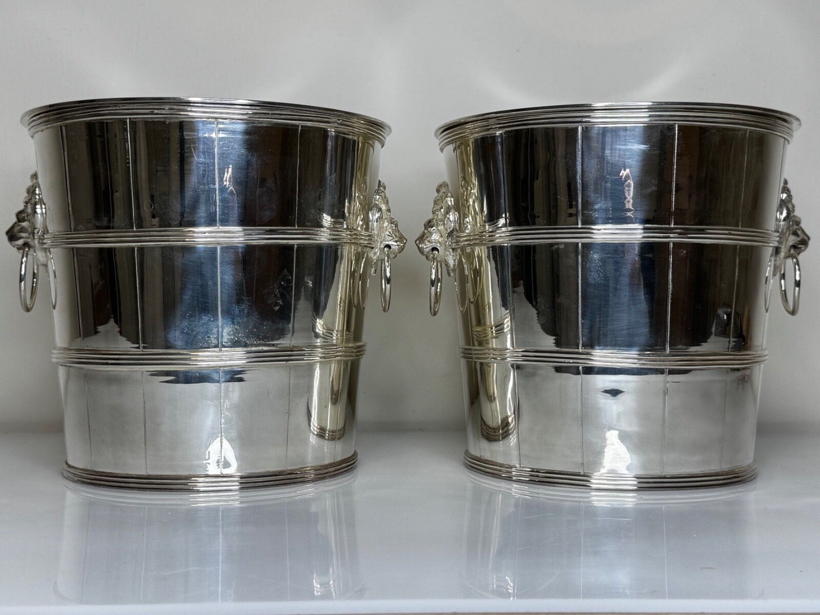 Set Regency Revival Style Lion Barrel Silver Plate Xmas Champagne Bucket Coolers photo Home Decor