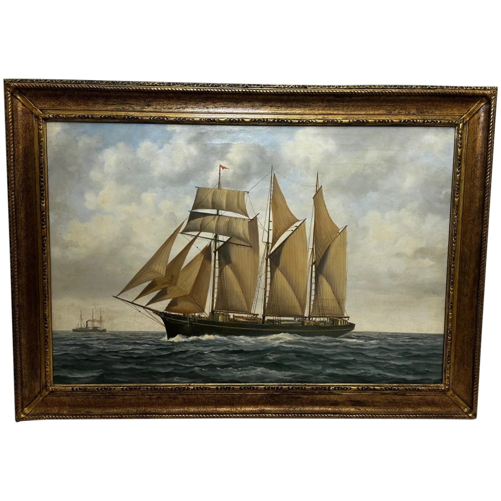 British Marine Oil Painting Kathleen & May Schooner Ship By John Lewis Chapman